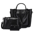 Three-piece black vintage leather handbag set including tote, crossbody, and wallet - Black