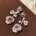 Silver-plated rose earrings featuring amber gemstones and white zircon inlays - Silver Pin Amber Rose Long Drop Earrings