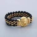 Men's black braided leather bracelet with golden wolf head motif and metal chain - Gold Wolf Head