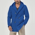 Men's blue hooded double-breasted coat in mid-length design with lapels and dark buttons - Blue