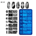 Detailed nail stamping plate BC-01 with lace floral patterns and finished manicures - Multi-pattern Lace Style (BC-01)