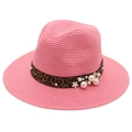 Pink Panama straw hat with leopard print band and pearl floral accents for women - Pink