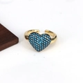 Detailed close-up of golden heart ring featuring pavé set turquoise zircons in vintage style - Adjustable Open / Blue