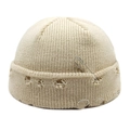 Hip-hop cream docker hat with knitted distress holes, silver rings, and pin detail - M(54-60cm) / Beige