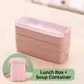 Pink three-layer wheat straw lunch box with soup cup and cutlery set on wooden desk - 900ml Wheat Straw 3-Layer Lunch Box + Square Buckle Cup (Pink Set)