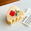 Small cream acetate hair claw clip with red rose floral pattern for women's hairstyle - Rose-5.1cm