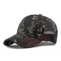 Casquette de baseball en maille brodée style chinois avec motifs cactus et arbres - Réglable / Noir