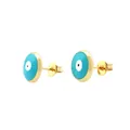Detailed close-up of retro blue enamel evil eye stud earrings with 18K gold plating - Teal Eye