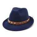 Dark blue wool fedora hat with brown leather band and silver rivet embellishments - M (56-58cm) / Navy Blue