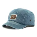 Μπλε denim καπέλο baseball 5 πάνελ με καφέ patch και μεταλλική λεπτομέρεια δαχτυλιδιού - Ρυθμιζόμενο / Μεσαίο Μπλε