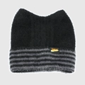 Close-up of black and grey striped cat ear knit hat with fuzzy mohair texture and label - One Size / Black
