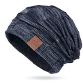 Blue-grey knit beanie featuring mountain patch with fleece lining and sport leather label - Mixed Navy Blue