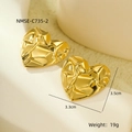 Detail view of gold heart earrings with textured finish and size measurements - Metal Crumpled Texture Heart Style (NMSE-C735-2)