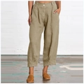Detail of khaki linen casual trousers with elastic high waist and functional side pockets - M / Bottoms / Khaki