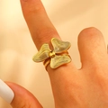 Polished gold flower ring with textured petals and wave pattern on index finger - Gold (0848)
