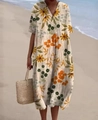 Robe d'été femme à col en V, imprimé tournesols blanc cassé et coupe décontractée - Imprimé Floral Orange