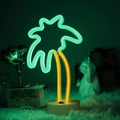 Neon palm tree desk lamp with green leaves and yellow trunk on white round base - Coconut Tree-2 (Dual-color) With Base