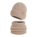 Beige knitted beanie and neck warmer set with warm fleece lining and leather patch - Marl Khaki (2-Piece Set)