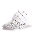 Detailed view of white baseball cap with silver rhinestones and 3D floral appliques - Adjustable / White