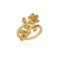 Golden branch and leaf open ring with sparkling zircon stones on a white background - Adjustable Open / Gold Leaf Branch Style (G3014360)