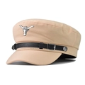 Detail of light beige cadet hat featuring a metallic bull head badge and leather strap - M (56-58cm) / Beige