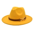 Detail of yellow wool fedora with brown faux leather band and gold metal chain buckle - M (56-58cm) / Yellow