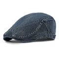 Classic dark blue washed denim flat cap with adjustable side straps and metal buckles - Adjustable / Dark Blue
