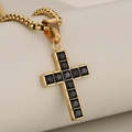 Hip hop style gold stainless steel cross pendant necklace with black square stones - Gold Cross Pendant (Black Zirconia)