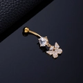 Macro shot of gold butterfly belly ring with sparkling zircon stones on black background - One Large Zircon Butterfly Gold