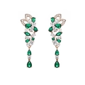 Elegant gold drop earrings with emerald green and white crystals in wing design - Dynamic Wing Floral Style (I)