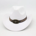 White western cowboy hat with brown leather band and bull head metal buckle accessory - One Size / White
