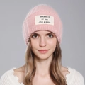 Chic pink winter rabbit fur knit beanie with white letter patch for women - Pink