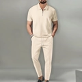Men's cream yellow waffle texture two-piece set featuring short sleeve polo and long pants - Khaki