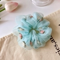 Light blue organza scrunchie with pink and white floral embroidery and soft mesh texture - Blue Mesh Scrunchie