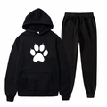 Two-piece black tracksuit with hoodie and joggers featuring a white paw print graphic - S / Black Paw Print (18)