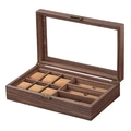 Close-up of walnut wood organizer with 6 watch slots and 3 glasses compartments - Walnut Color Texture / Wood Grain
