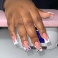 Luxurious long pink press-on nails with shiny rhinestones and 3D floral accents - Bz1496: A Glimpse / Jelly Glue + Nail File