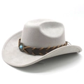 Detail of grey faux suede cowboy hat featuring a braided leather band and turquoise stone - M (56-58cm) / Light Gray