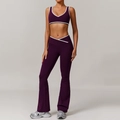 Deep purple cross high waist yoga set with white contrast trim and flared pants - L / Top And Bottom / Kyoho Purple (Bra + Flare Pants)