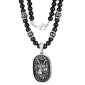 Punk style wolf head pendant necklace with black agate beads and engraved metal details - Wolf Head Style (KN230592-K)