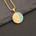 Detail of gold twisted chain and dual-design pendant with blue enamel and face relief - Face and Leaf Bi-color Enamel Style (7#)