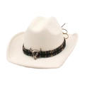 Detail of white felt cowboy hat with ethnic woven band and silver bull skull ornament - One Size / White (Bull Head)