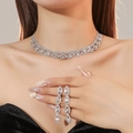 Set collana e orecchini a fiori in strass argento scintillante su una modella - Stile a Nappa Lunga Pavé (DTN5506076S)