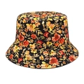 Detail van een zwarte vissershoed met bloemenprint, twill katoen en stiksels op de rand - M (56-58cm) / Zwarte Bloemenstijl (3#)