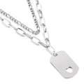 Silver double layer stainless steel necklace with hollow heart rectangle tag pendant - Hollow One Heart Style (KN199091-Z) / Silver