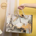 Large gift bag with grey marble texture and double bow decoration, size 36x12.5x25cm - Marble Pattern/Two-tone Ribbon / Large (36*12.5*25cm)