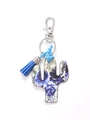 Wooden cactus keychain with blue floral print and matching blue tassel detail - Blue Floral Cactus/Blue Tassel