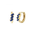 Detail of 18K gold huggie earrings with three baguette-cut deep blue zircon stones - Royal Blue Gold