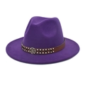 Detail of purple felt fedora with brown studded leather band and vintage metal emblem - M(56-58cm) / Purple