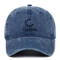 Detail of Loading text embroidery on washed denim blue vintage baseball cap fabric - Adjustable / Navy Blue
